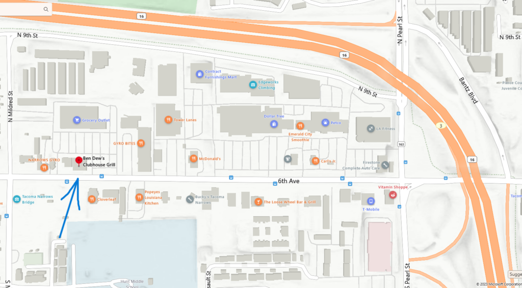 Map of Tacoma showing SR16 and location of Ben Dew's Clubhouse Grill